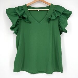Chico's Green Ribbed Flutter Sleeve V-Neck‎ Top Shirt Size XXL